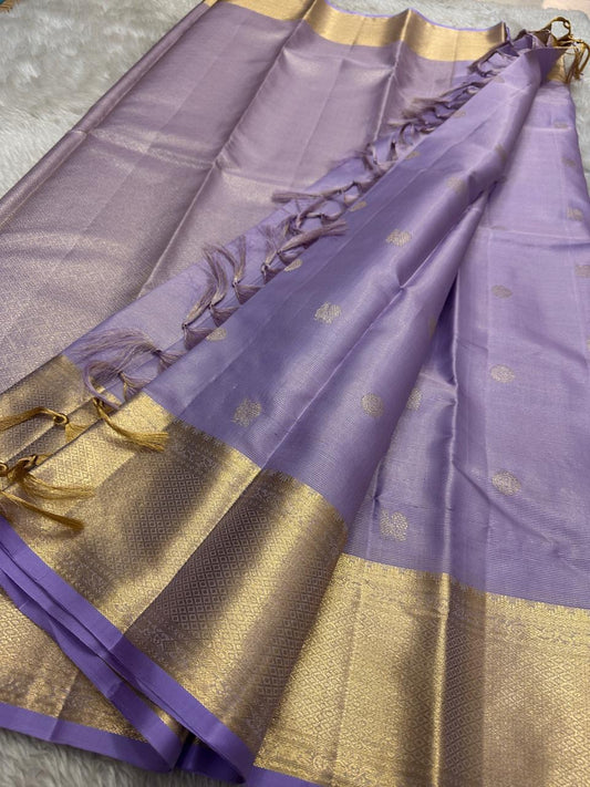 ✨ Lilac Vairaoosi — Pure Silk Kanchipuram Saree ✨
Pastel lilac body with vairaoosi pin-stripes and self-zari buttas, finished with antique-gold brocade borders and matching pallu.
Silk Mark Certified ✅ • Free Shipping within USA 🇺🇸 • Ships in 1 Week ✅