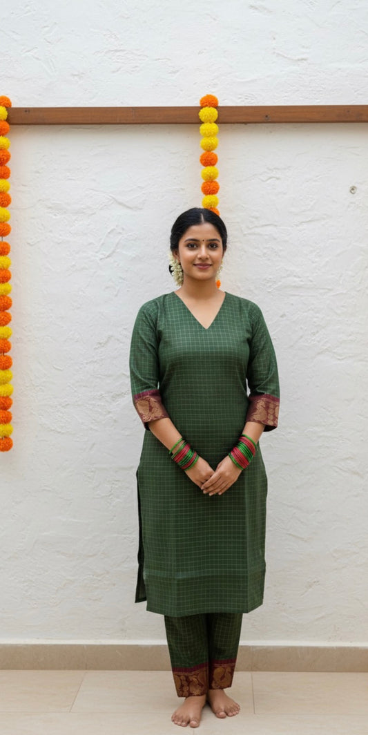 Vanappu — Green & Red Sungudi Zari Kattam Kurti Set
Forest-Green Handspun Cotton with Ruby-Red Zari Mayil Borders & Kattam Checks ✨
Handwoven in Madurai • Fully Lined • Free USA Shipping • Ready to Ship ✅