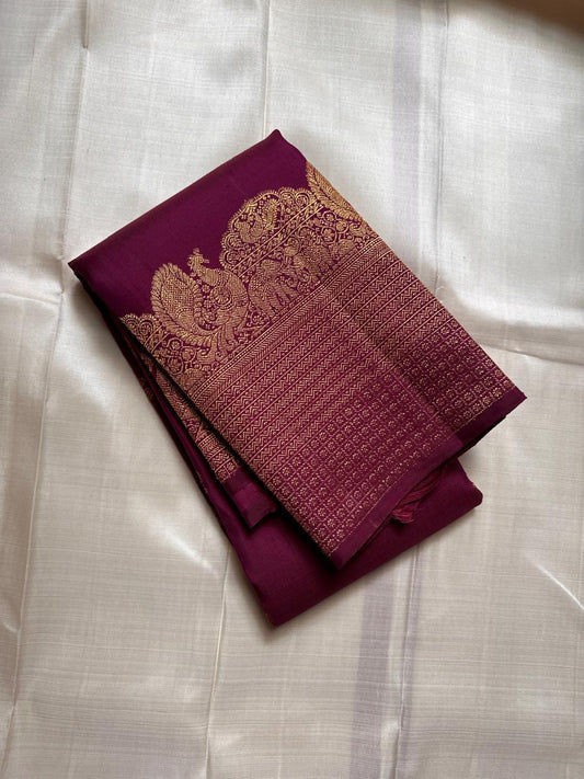 Lotus Glow — Pure Kanchipuram Silk Saree
Deep amethyst-purple with lotus buttas, peacock & elephant zari border
Silk Mark Certified ✅ | Free USA Shipping | Ships in Two Weeks ✅