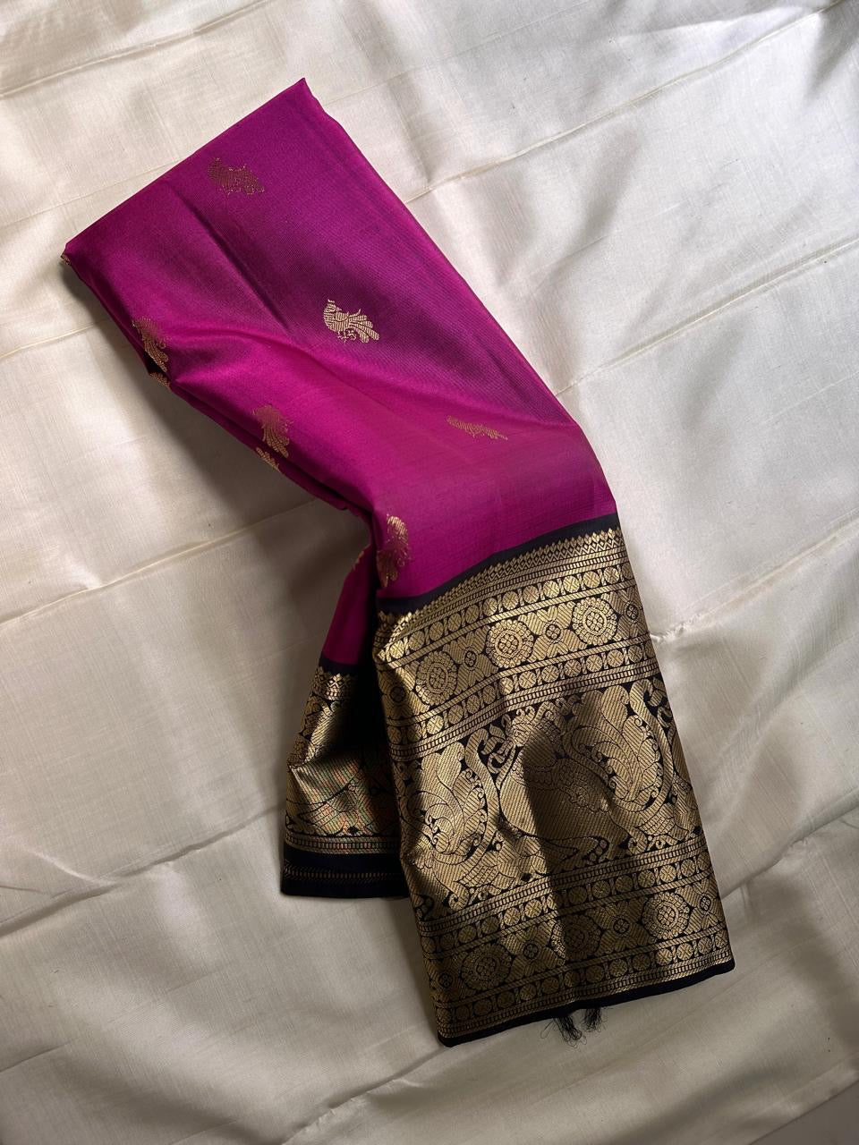 pink pure silk Kanchipuram with elaborate Zari peacock motif Vanasingaram border with deep brown Pallu