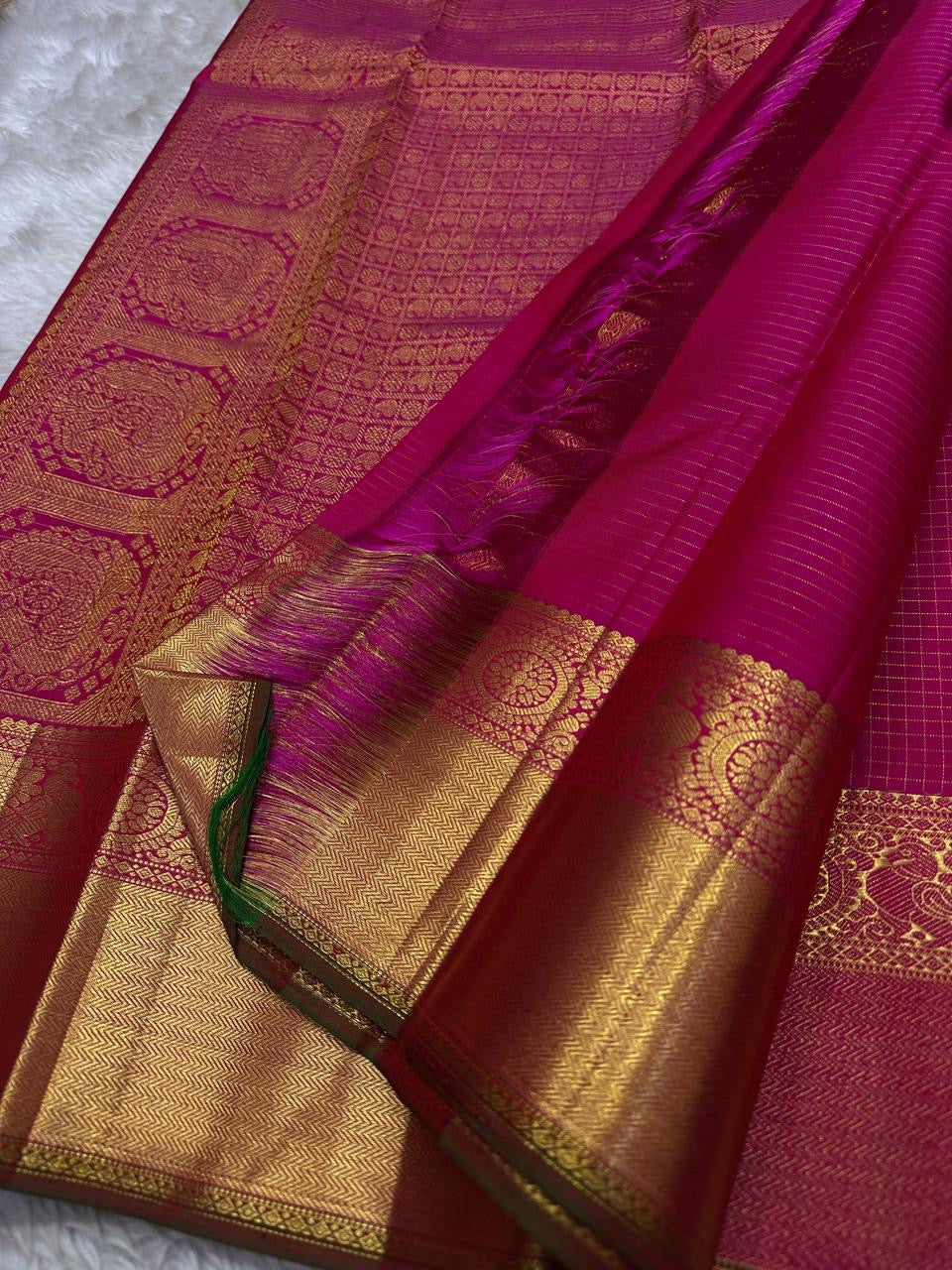 Raja Rangu Kattam: shot color  Rani Pink Pure Silk Kanchipuram with Gold Zari Checks and Temple Border
Silk Mark Certified for Quality Assurance, Enjoy Free Shipping within USA.
Ready to Ship in 1 Week