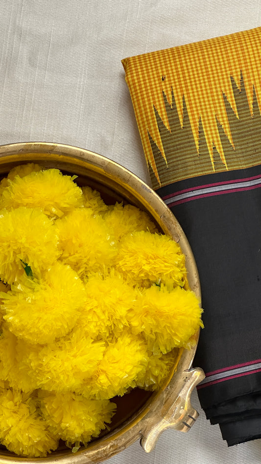 Ravina – Yellow & Biscuit Brown Checked Pure Kanchipuram Silk Saree with Striking Black Border, Handwoven in Kanchipuram (Silk Mark Certified)