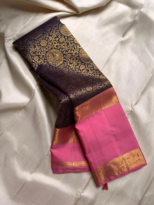 Chandra Pushpam – Rani Pink & Aubergine Pure Silk Kanchipuram ✨🌸
Contrast Aubergine Brocade Pallu with Golden Jaal 🌌
Yellow-Gold Zari Borders with Annam & Floral Motifs 🦚
Silk Mark Certified ✅ | Fall & Pico Done ✅
Free Shipping within USA 🚚 |