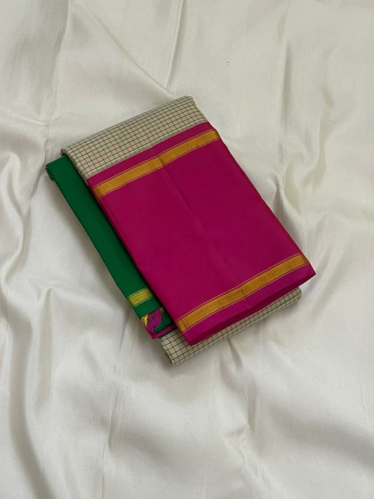 Ivory micro-checks with vibrant rani-pink korvai border & parrot-green blouse ✨
Silk Mark Certified • Fall & Pico Done • Free USA Shipping • Ships in 2 Weeks ✅