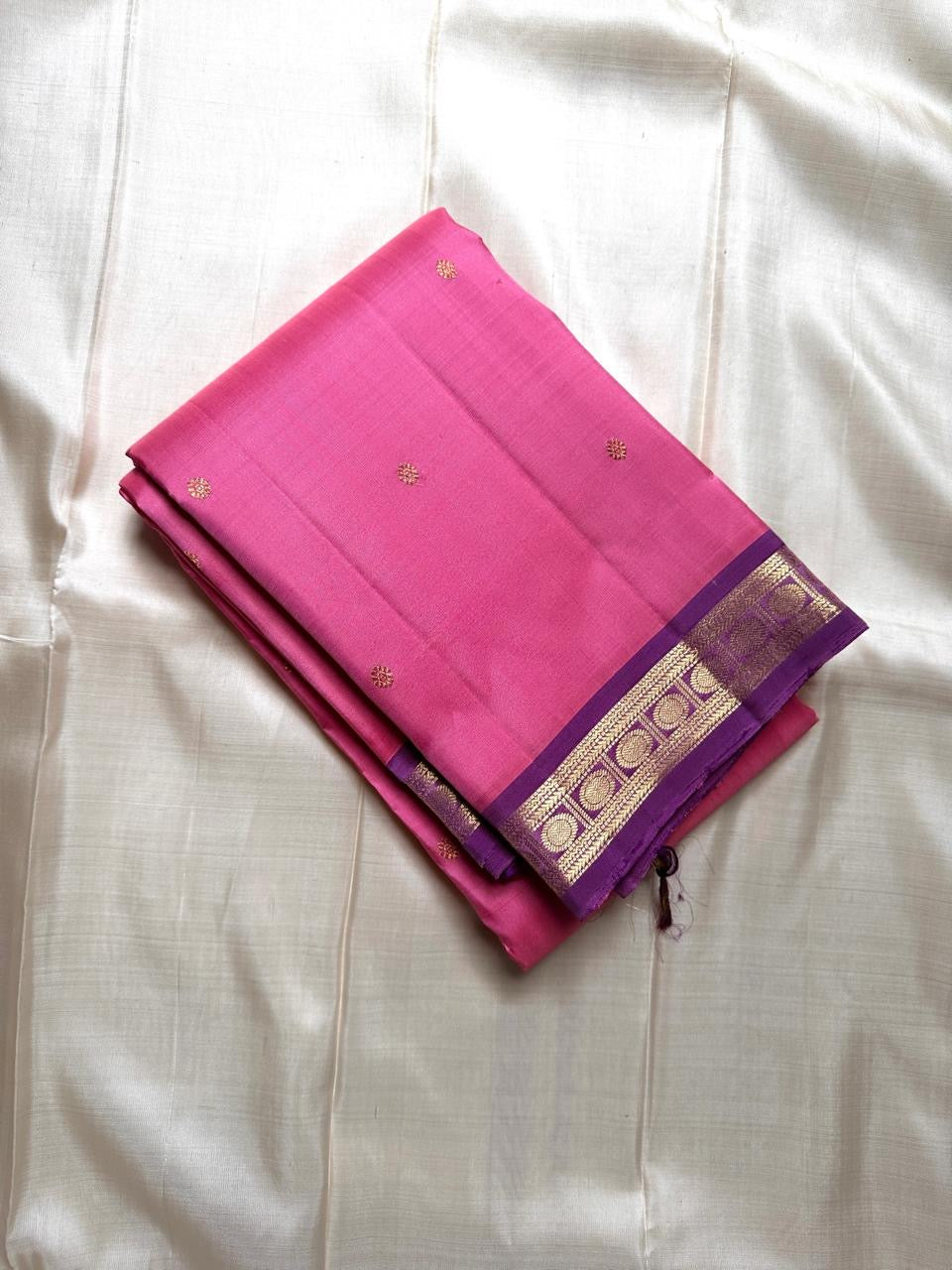 Varnam – Pastel Pink Kanchipuram Silk Saree with Lilac Purple Rudraksha Zari Border & Ornate Kamalam Pallu | Pure Handloom Heritage