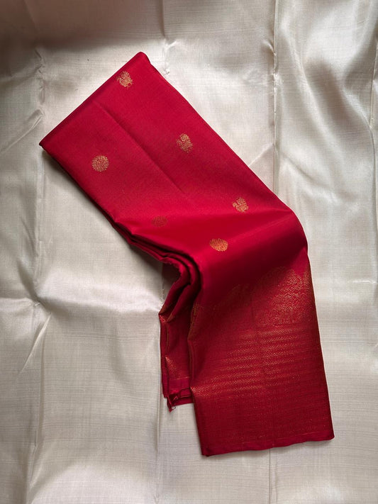 Svaroopam Red
Kumkum-Red Kanchipuram Silk Saree
Zari-Woven Peacock Procession Heirloom