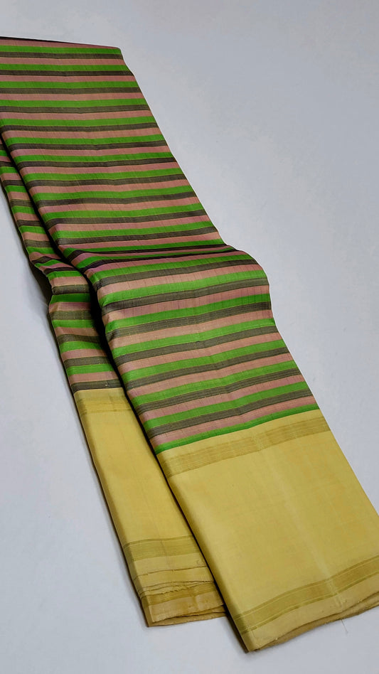 Pure silk kanchipuram saree cream border with pastel stripes all over body