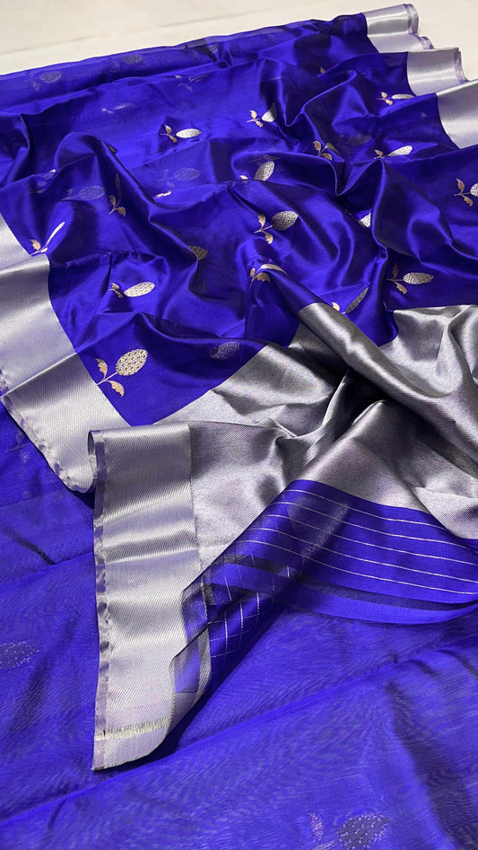 Pure silk Chanderi handloom striking purple shot indigo sona roopa silver gold butti saree