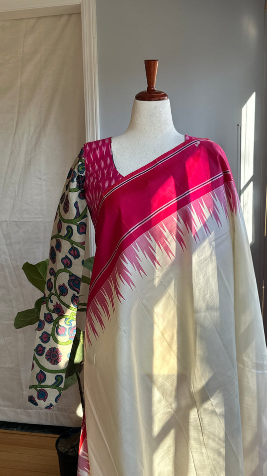 "Charu" collection - Ikat and kalamkari blouse in pink,green and white