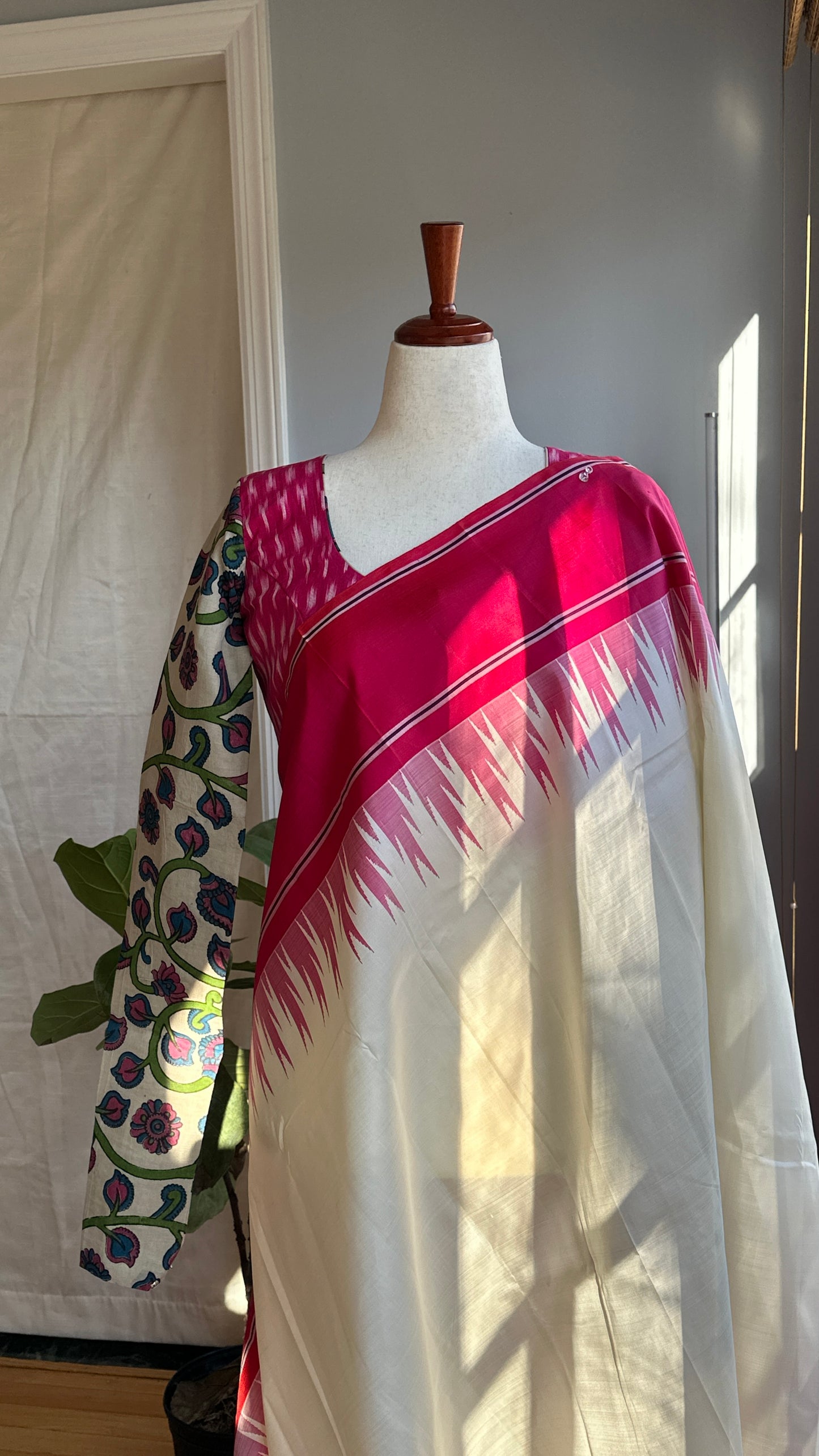 "Charu" collection - Ikat and kalamkari blouse in pink,green and white