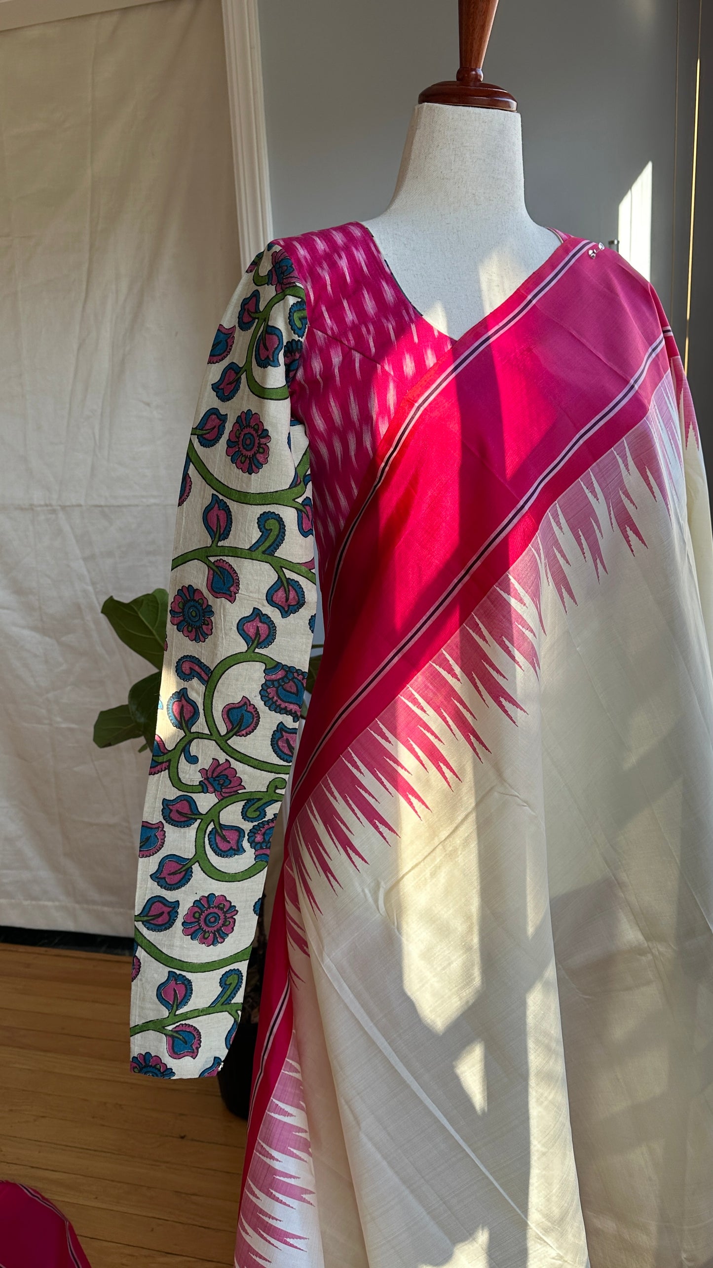 "Charu" collection - Ikat and kalamkari blouse in pink,green and white