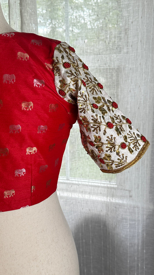 "Mina" collection - pure silk banarasi embroidered blouse in red gold and white