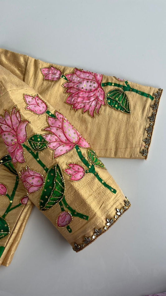 "silpa" collection - pure silk blouse handpainted and embroidered with pichwai lotus foliage
