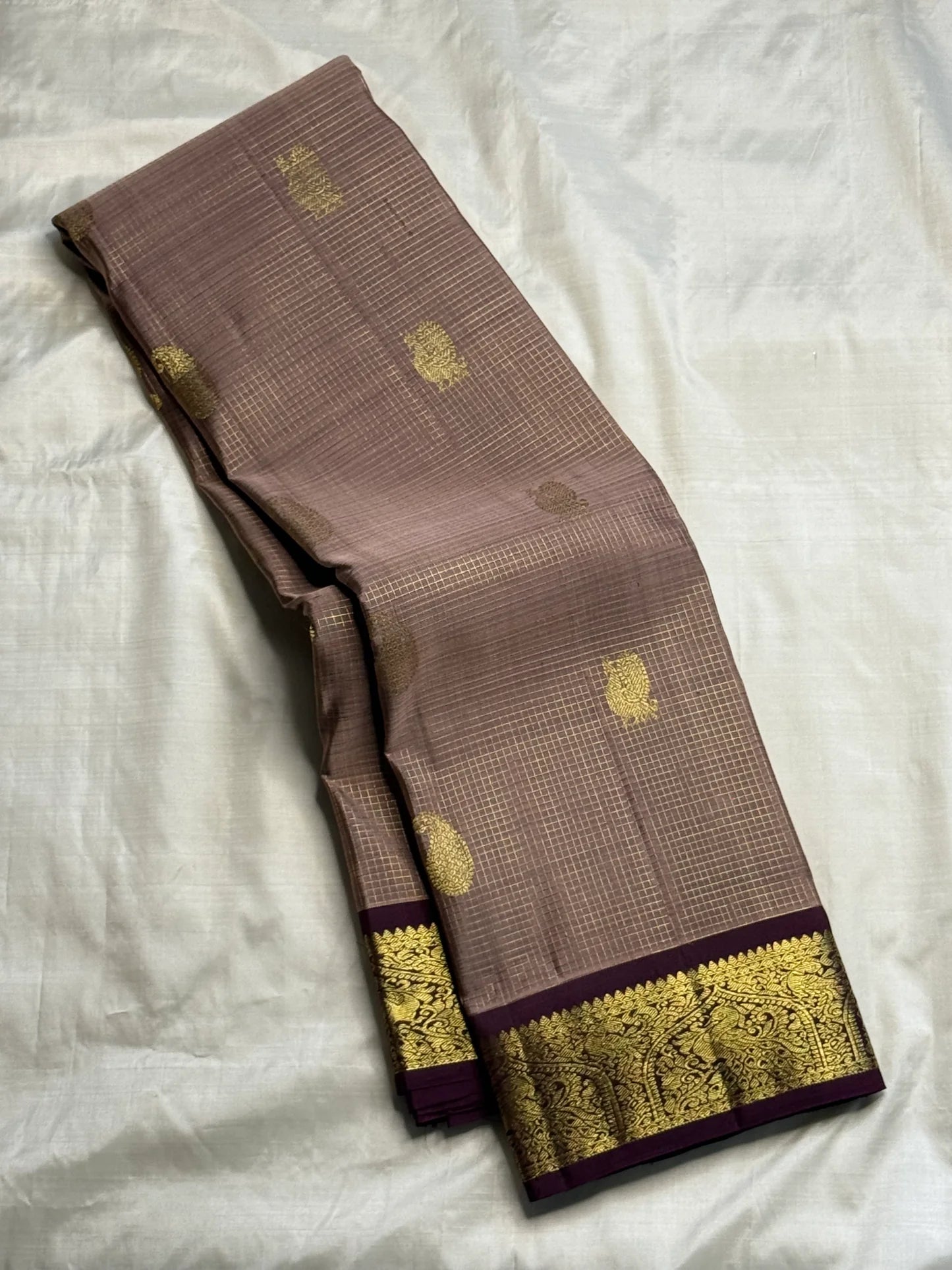 Full view of chikoo handwoven Kanchipuram silk saree with zari kattam and mayil butta — Idam Living