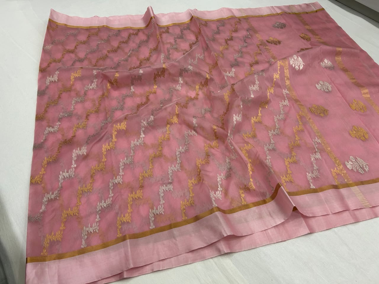 Pink Floss Chanderi Silk Saree with All-Over Sona Roopa Jaal in Gold & Silver Zari – Lightweight, semi Sheer, and Elegantly Handwoven