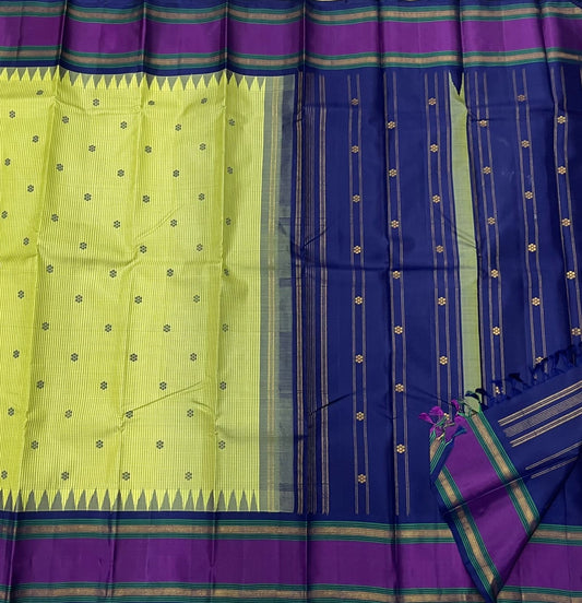 Chartreuse Royal Blue Purple Kattam • Pure Silk Kanchipuram Saree
Neon Chartreuse Checks with Silk-Thread Buttas • Royal Blue Pallu & Amethyst Borders
Silk Mark Certified • Free USA Shipping • Ships in Two Weeks ✅