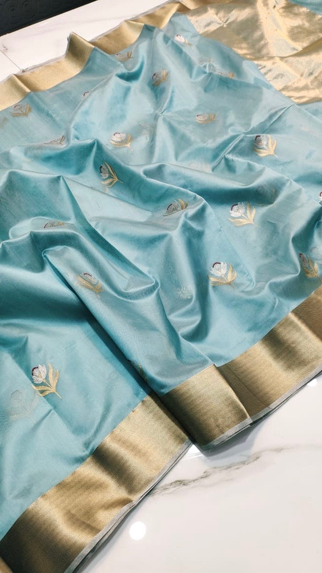 Pure silk Chanderi sky blue gold and silver sona roopa butti saree