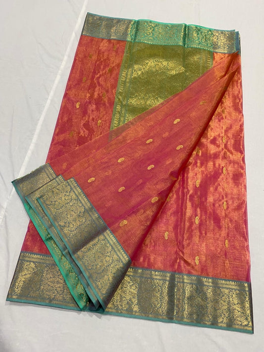 Double shade red shot with Rust and teal pure katan chanderi tissue silk saree handloom
