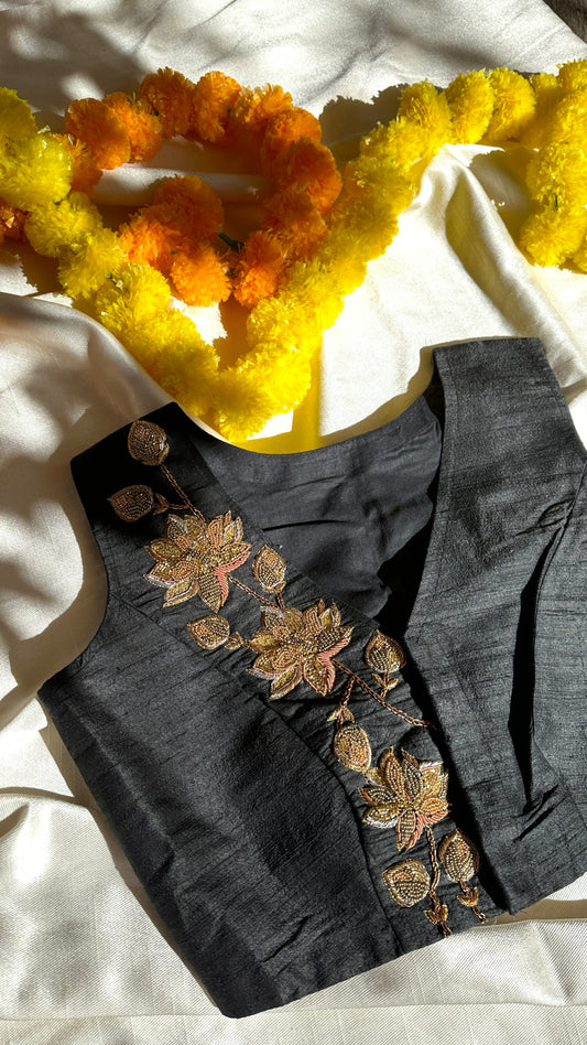 "zoya" collection - Pure raw silk ( 100gms) embroidered blouse in gold, silver and copper zardosi in black