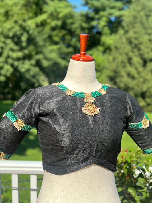 "Jadau" collection - Jade beads embroidered silk blouse