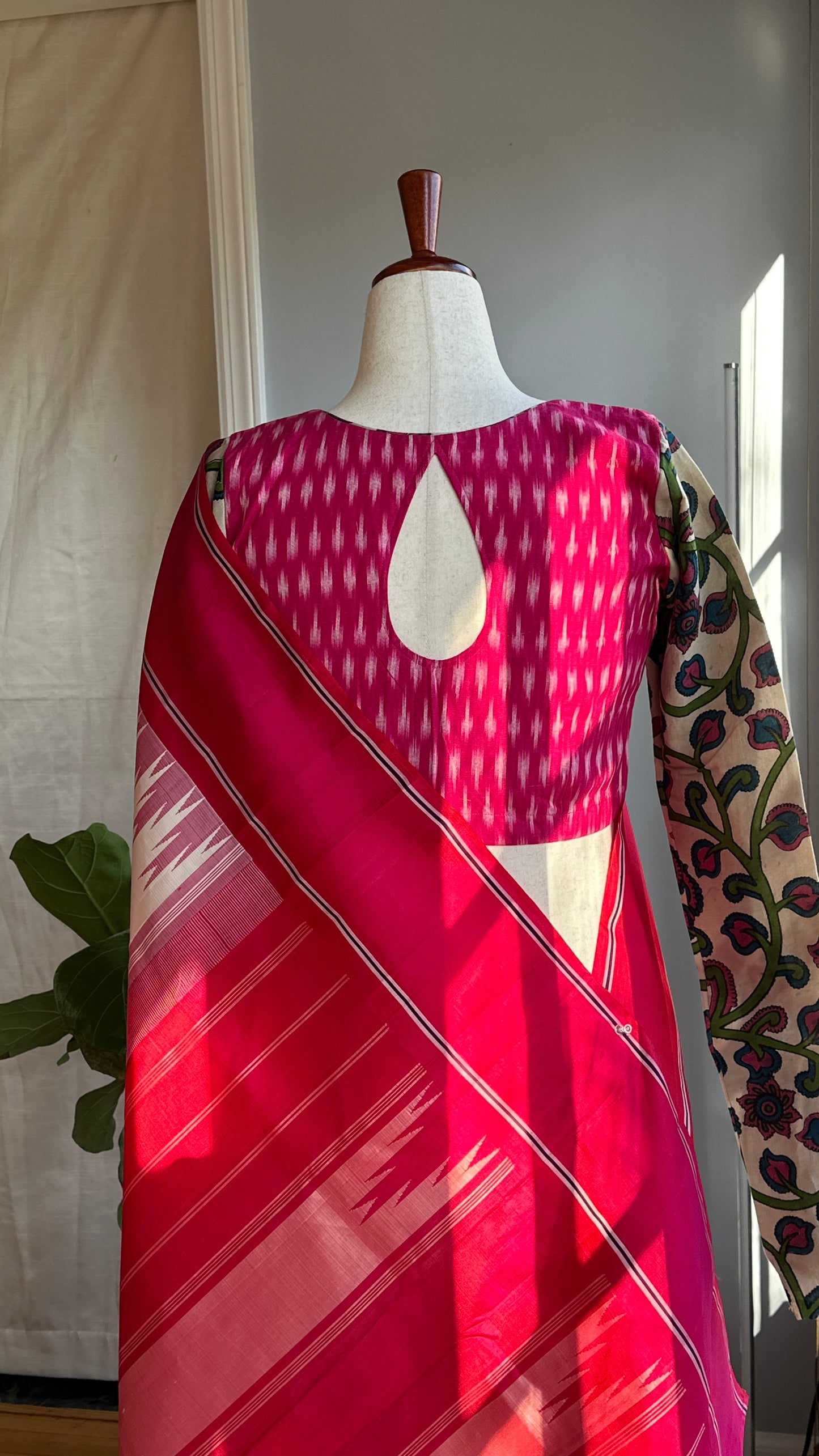 "Charu" collection - Ikat and kalamkari blouse in pink,green and white