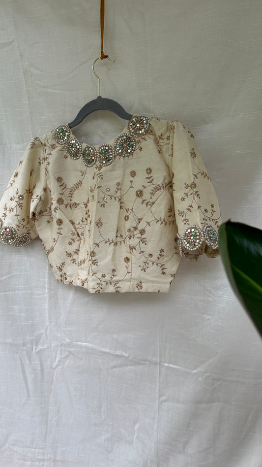 "Ruhi" collection - Pure silk self embroidered blouse in cream gold with pearl mirror scallop work