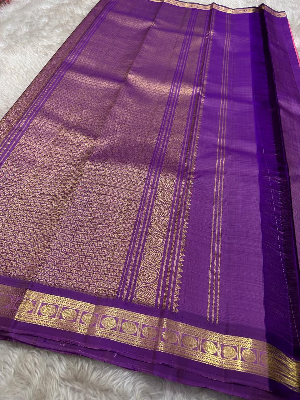Varnam – Pastel Pink Kanchipuram Silk Saree with Lilac Purple Rudraksha Zari Border & Ornate Kamalam Pallu | Pure Handloom Heritage