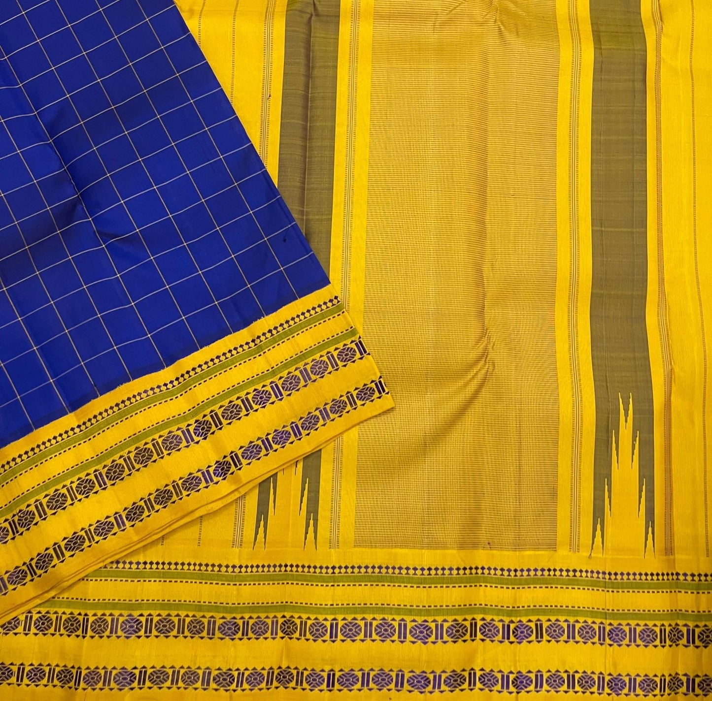 Pallu close-up of pure Kanchipuram silk saree showing mustard yellow panel with vertical stripe detailing and contrast border