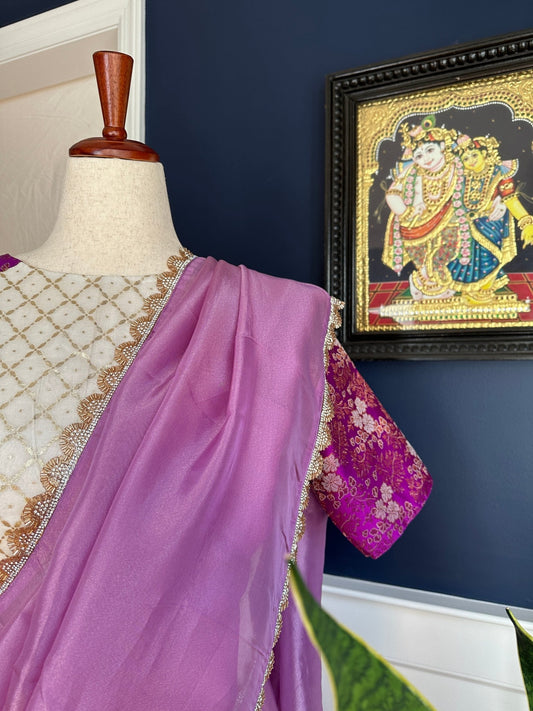 "Rita" collection - Pure silk banarasi blouse with pure tissue silk saree set in lavender and cream