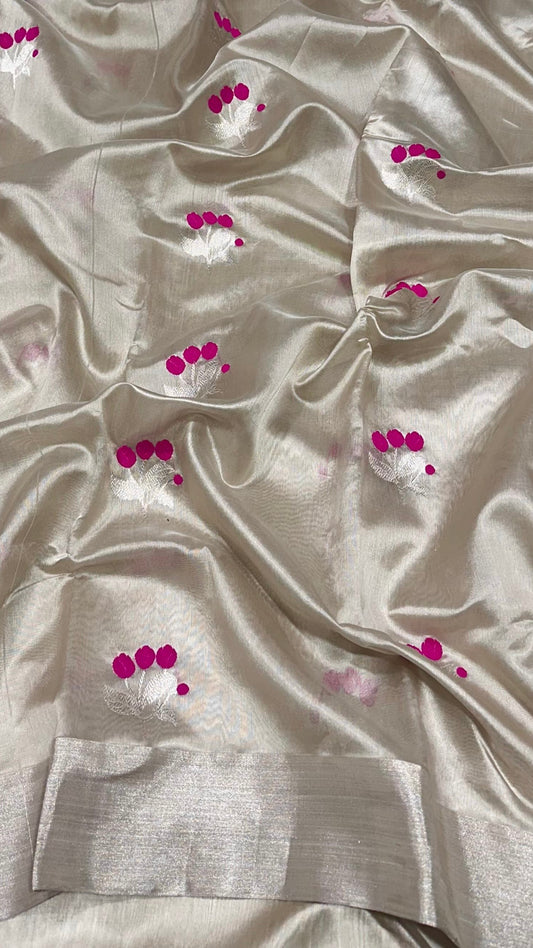 Pure silk Chanderi cream with pink meena butta handloom saree