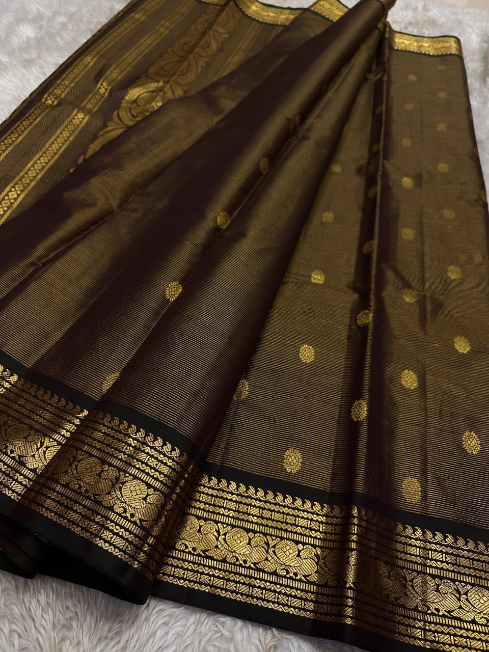 Shyama Kamalam—espresso-black Kanchipuram silk with vairaoosi stripes, lotus buttas, peacock-brocade borders & rich brocade pallu. Silk Mark. Free USA shipping.