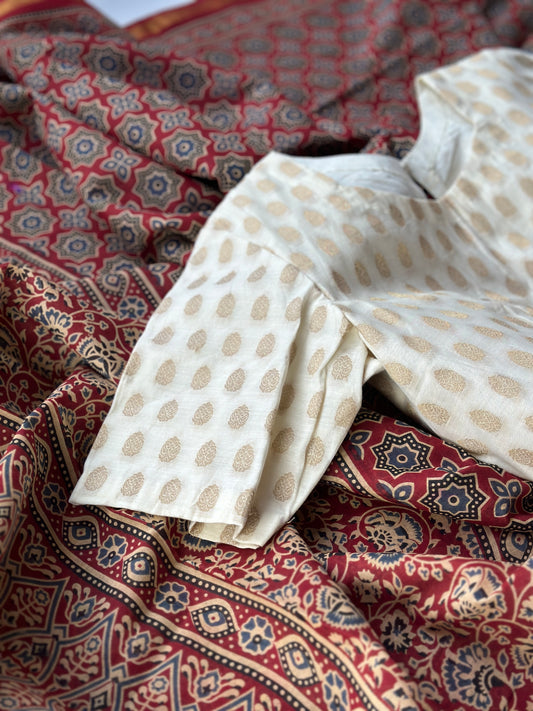 Ajrakh saree with maheshwari border & banarasi silk cotton blouse set