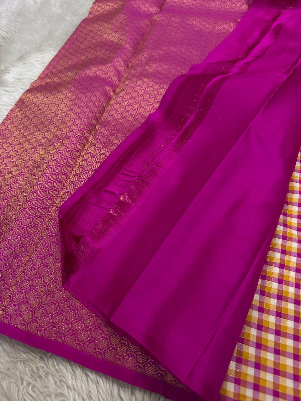 Mutyam – Handwoven Borderless Kanchipuram Pure Silk Saree with Traditional Paalum Pazhamum Baby Checks or kasa kasa kattamDual Contrast Green & Pink Selvedges, and a Subtle Zari Woven Pallu, silk mark certified, ships in two weeks