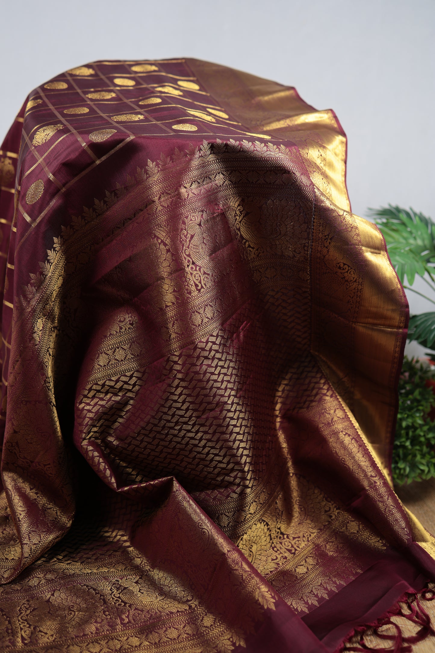 Pure Kanchipuram Silk Saree Wine Plum with Antique Gold Zari Kattam Checks and Gandaberunda Butta