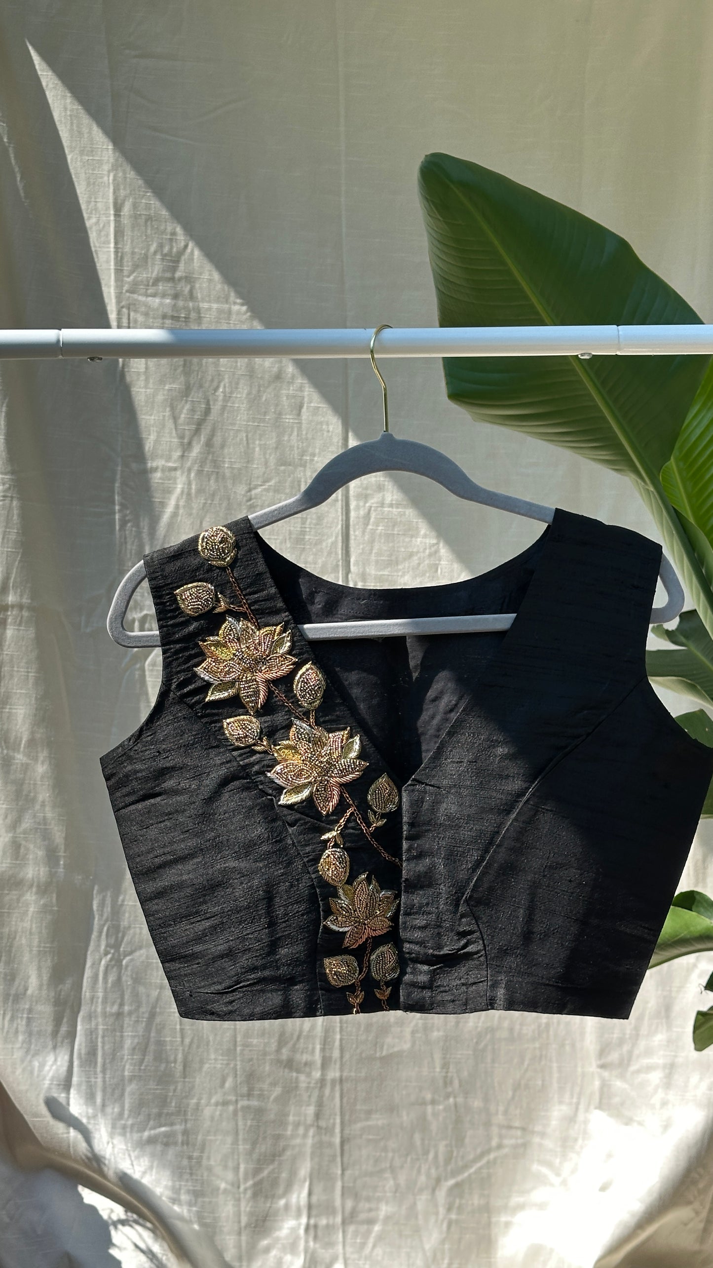 "zoya" collection - Pure raw silk ( 100gms) embroidered blouse in gold, silver and copper zardosi in black