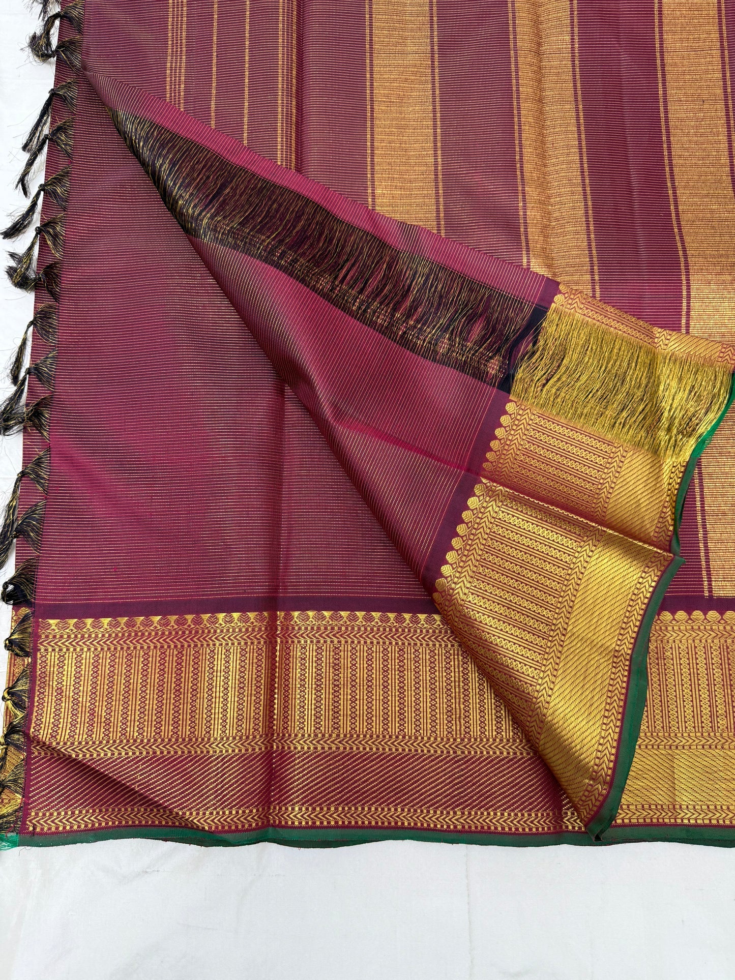 Ganika – Deep Coffee Brown Vairaoosi Kanchipuram Silk Saree with Candlestick Zari Border, Vanki Pet Chevrons & Dark Green Selvedge