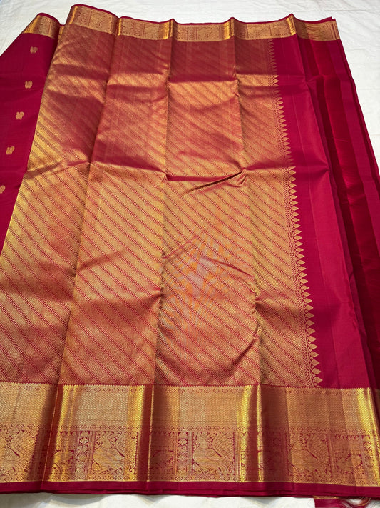 Vermillion Glory — Deep Red • Pure Silk Kanchipuram Saree
Gold zari buttas with grand peacock borders & brocade pallu
Silk Mark Certified • Free USA Shipping • Ships in Two Weeks ✅