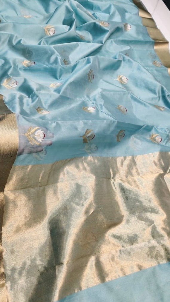 Pure silk Chanderi sky blue gold and silver sona roopa butti saree