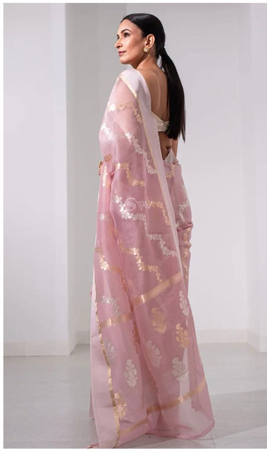 Pink Floss Chanderi Silk Saree with All-Over Sona Roopa Jaal in Gold & Silver Zari – Lightweight, semi Sheer, and Elegantly Handwoven