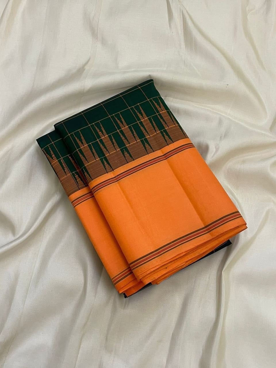 Pure silk Kanchi Pattu saree in forest green and burnt orange, Silk Mark certified