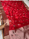 Pure silk chanderi in red and gold with rice stalk Zari motif 🌾