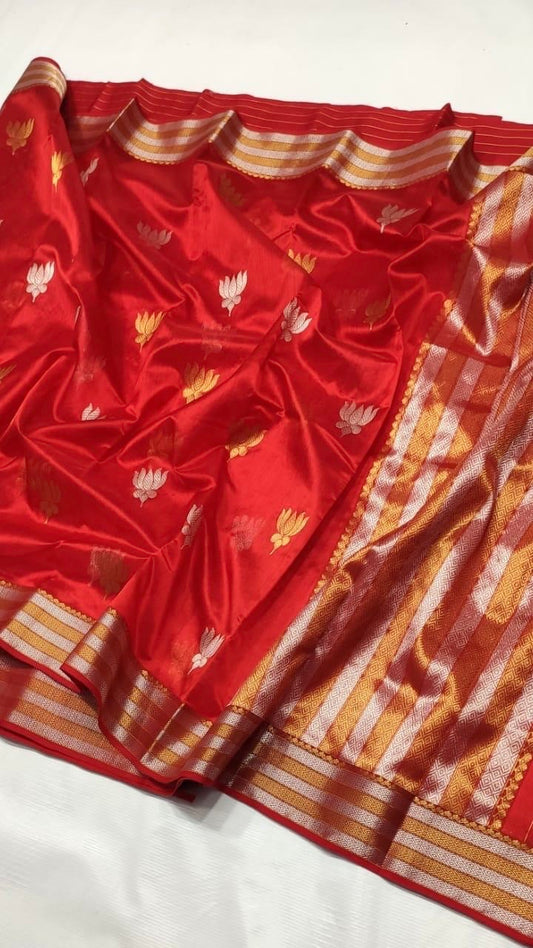 Pure silk Chanderi handloom red lotus motif saree