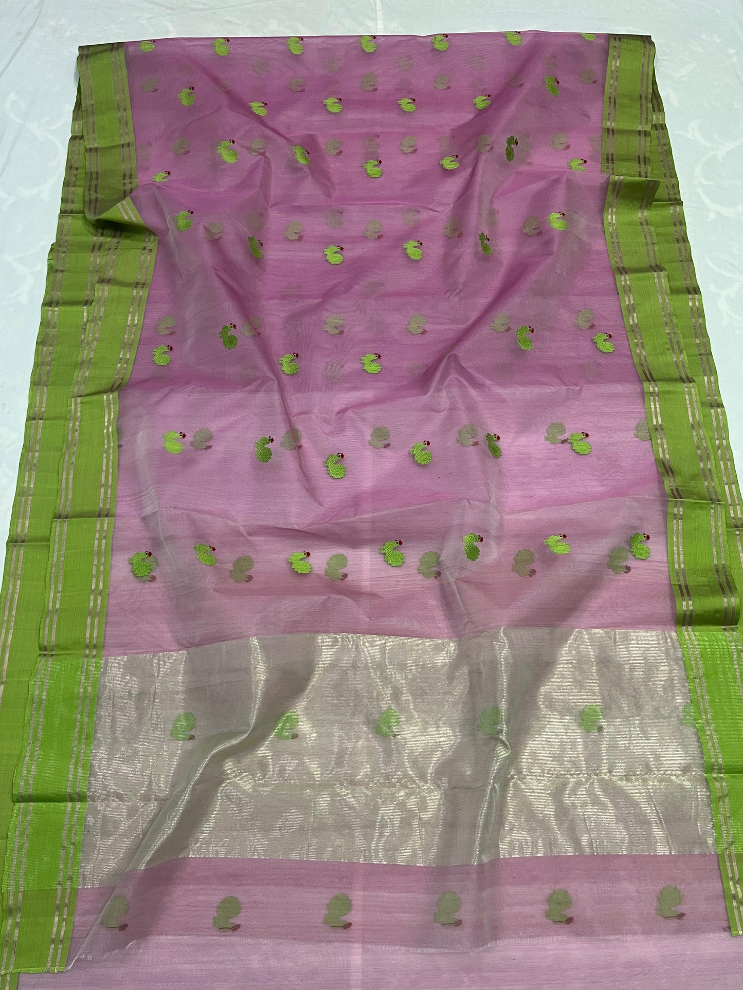 Pure Silk Chanderi Saree with Mayil Butta Motifs and Classic Gold Zari Border