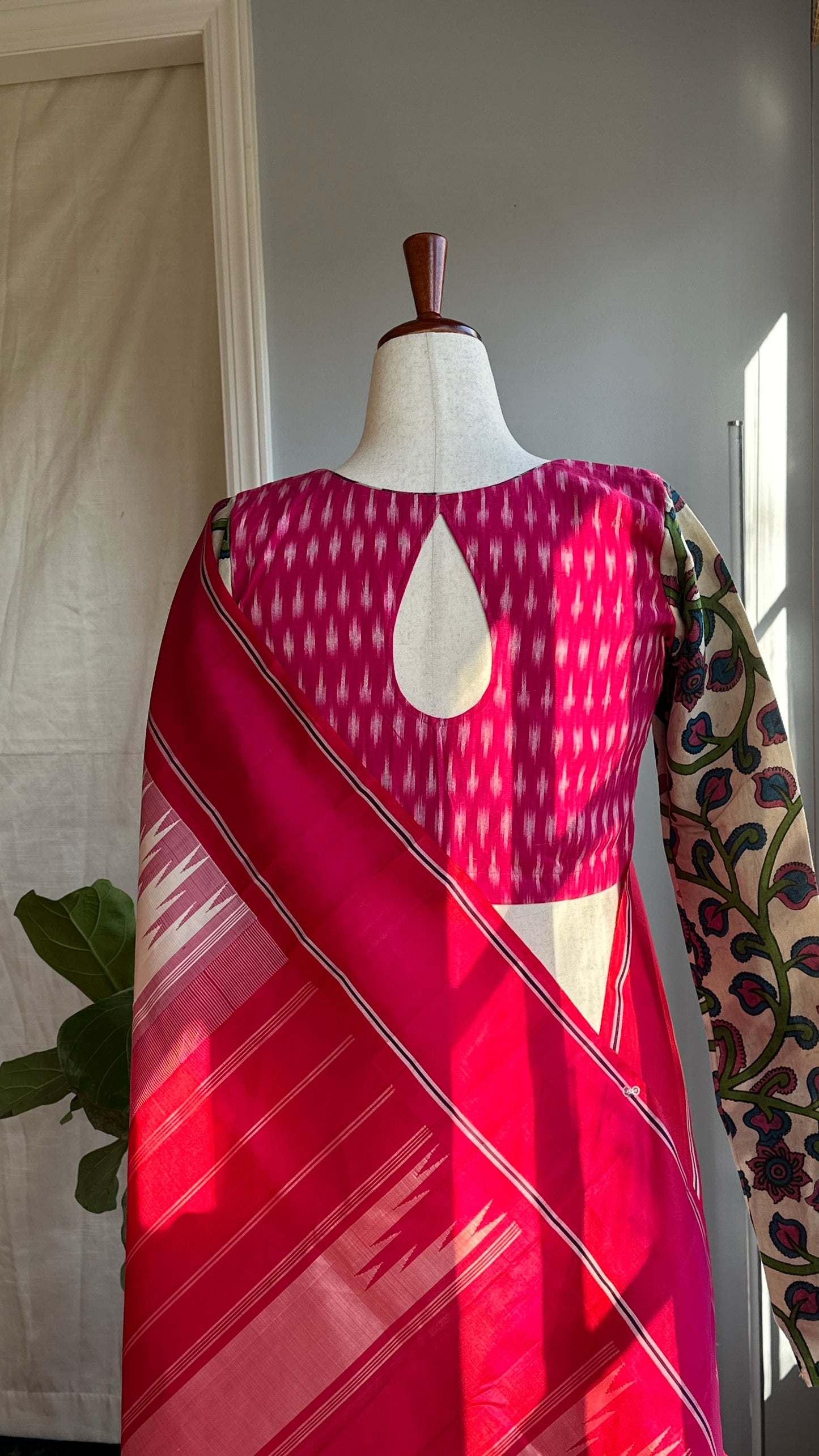 "Charu" collection - Ikat and kalamkari blouse in pink,green and white