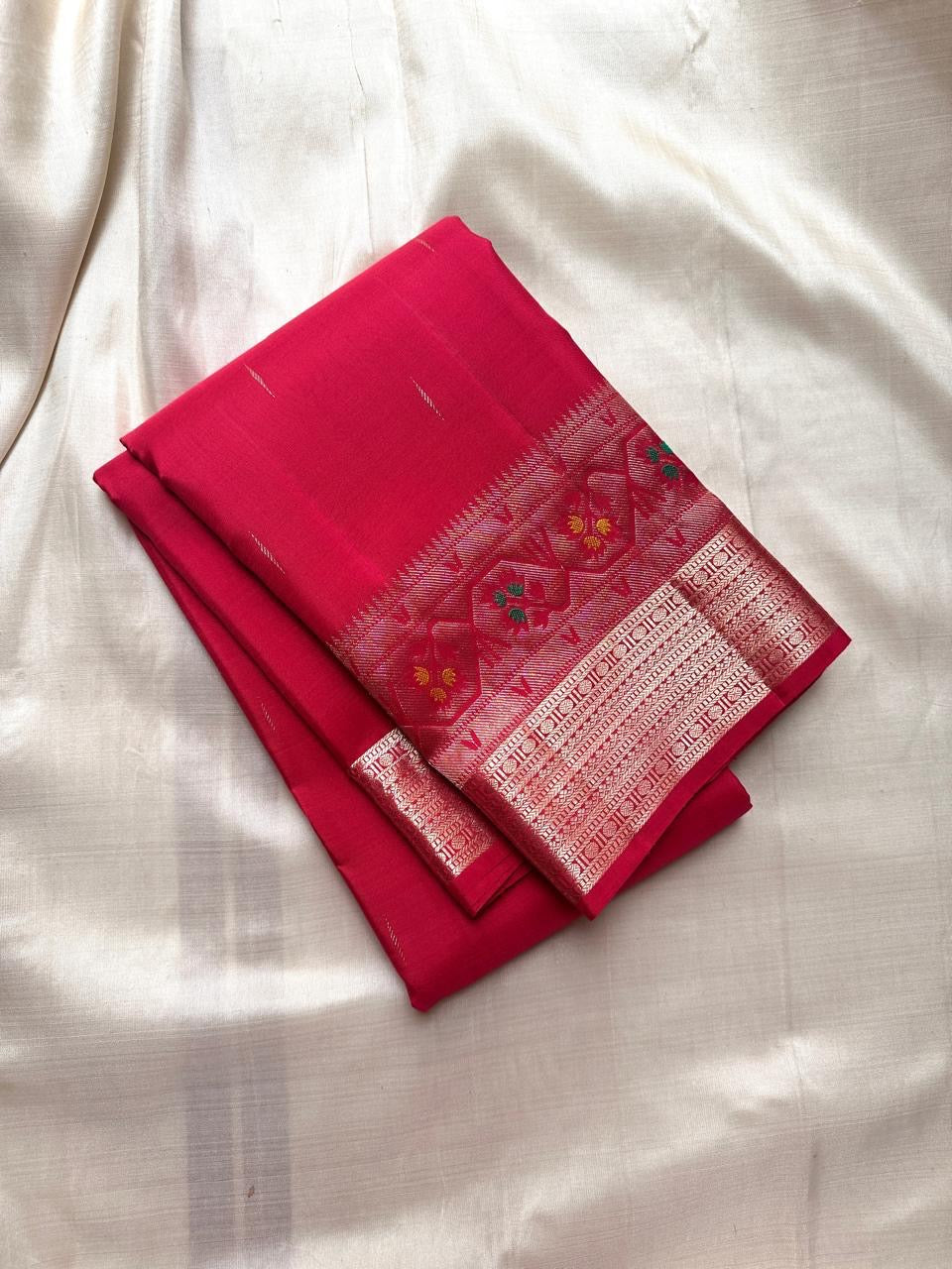 Vibha Tomato deep pink Red - A Deep Plum Pure Kanchipuram Silk Saree Blending the Grandeur of South Indian Weaving with Paithani-Inspired Floral Zari Borders and a Lustrous Rose Gold zari Pallu