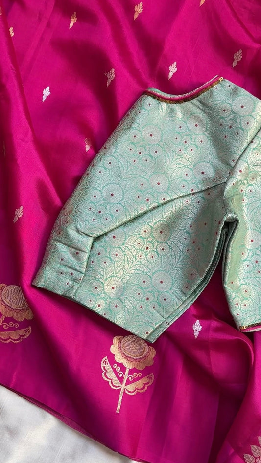 "Mina" collection - pure silk banarasi embroidered blouse in pastel green mint with pink meena