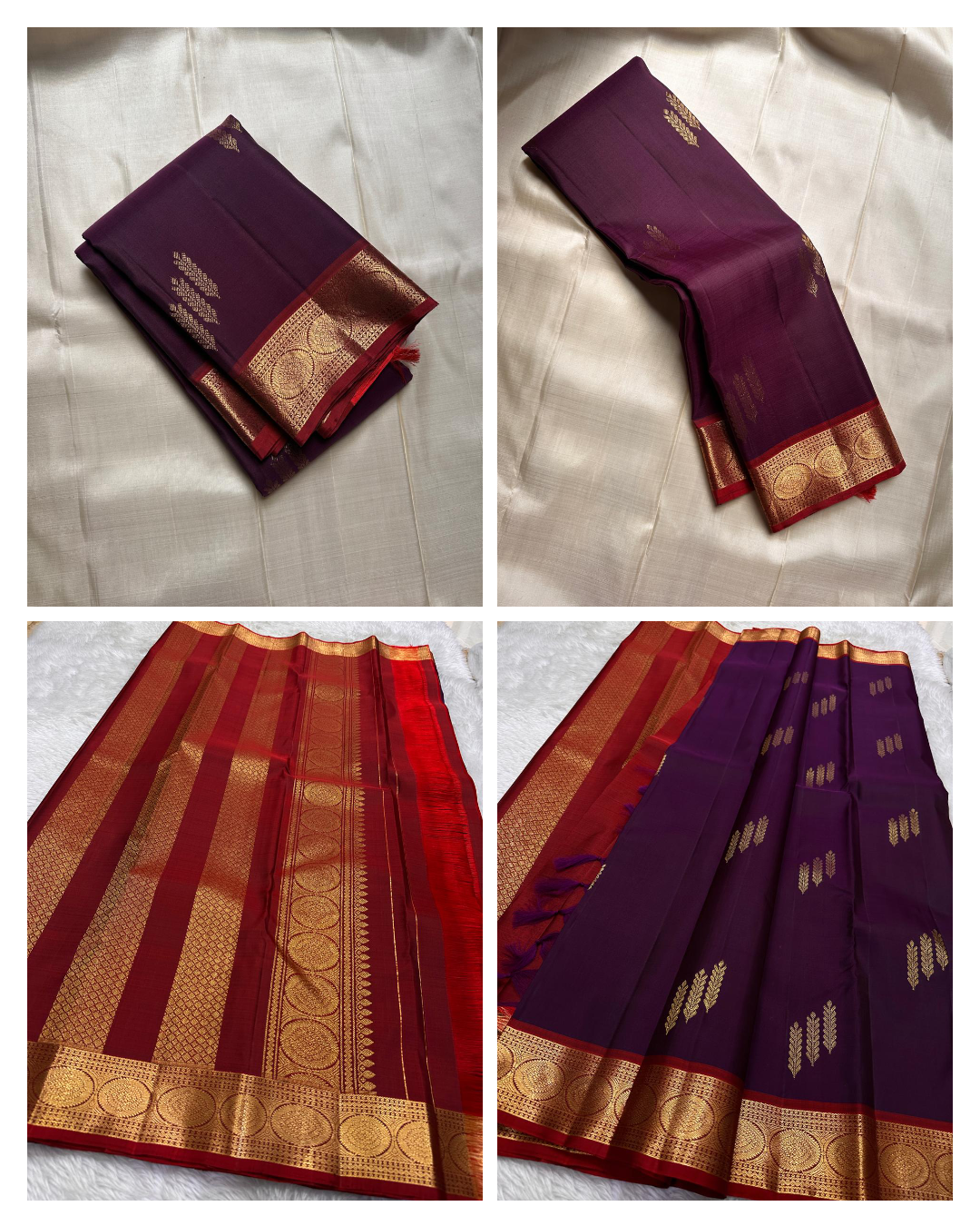Ambara ✨ – Deep Purple Kanchipuram Pure Silk Saree
Woven zari butties in a rare rice reed motif 🌾
Striking red border with coin and ornate floral vines 🌹
Bold red pallu with diamond-grid lattice zari ✨
An heirloom weave of grace, contrast, and heritage