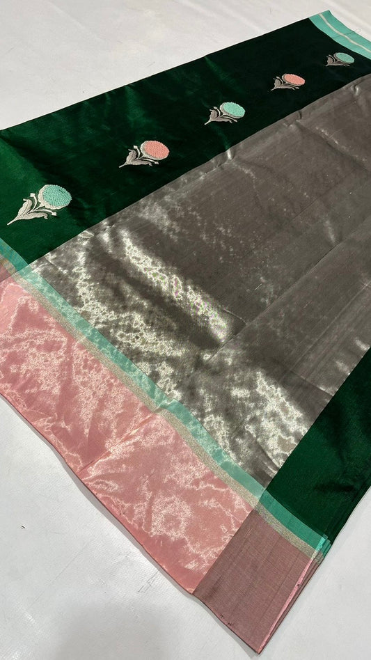 Pure silk Chanderi handloom bottle green with green pink meena saree