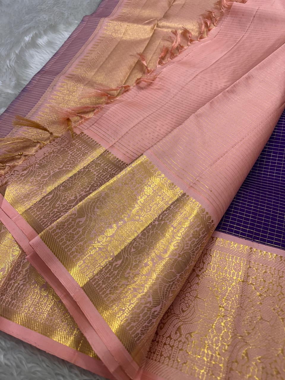 Kurinji – Regal Purple Zari Kattam Pure Kanchipuram Silk Saree with Peach Pink Border & Pallu, Intricate Zari Detailing, Matching Blouse Fabric (Silk Mark Certified, Handloom, Free USA Shipping)