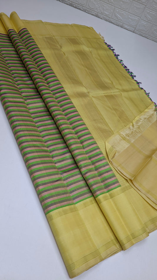 Pure silk kanchipuram saree cream border with pastel stripes all over body